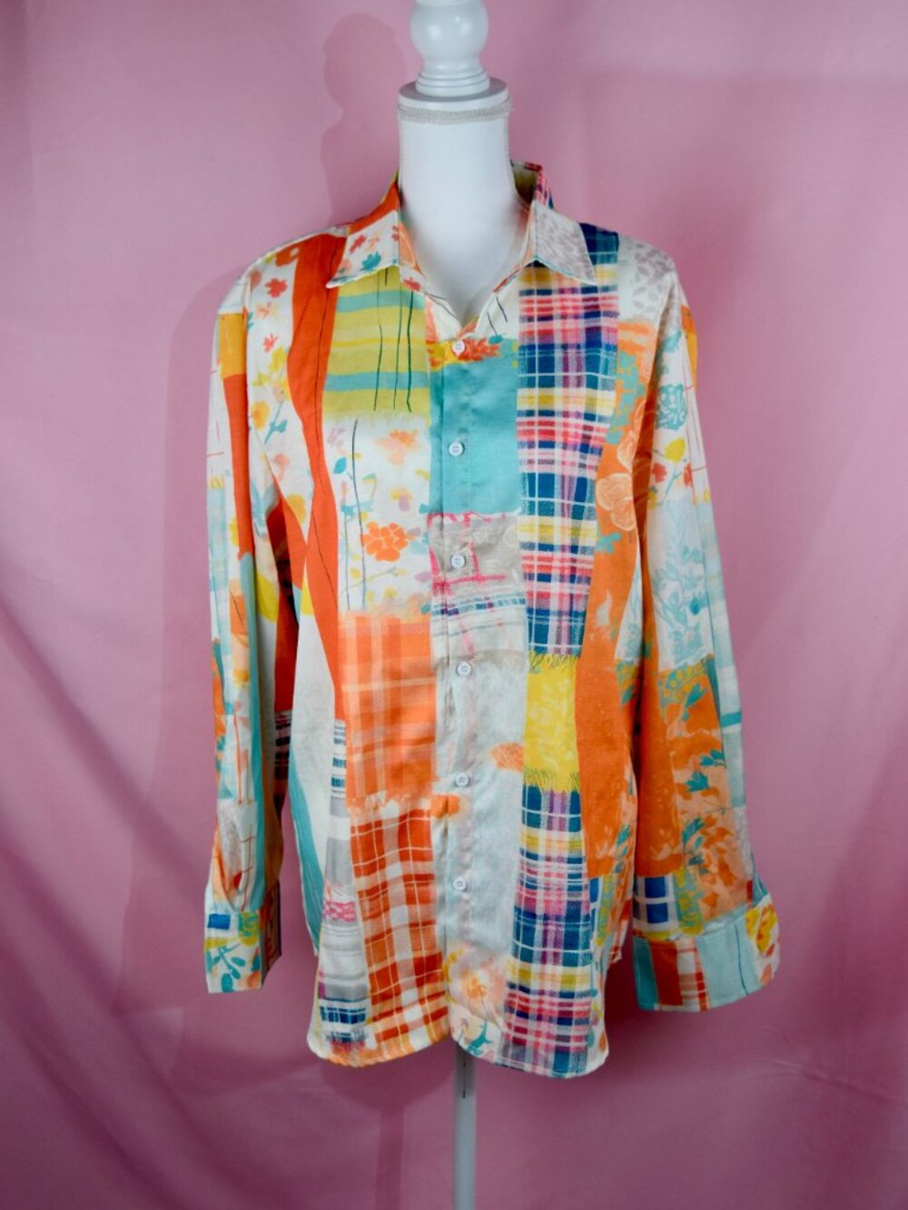 Boutique Colorful Patchwork Print Long Sleeve Button-Up Blouse | Size L